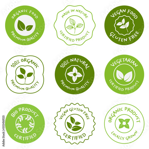 Collection of organic food, farm fresh, healthy life and natural product stickers, labels, badge and logo for food market.
