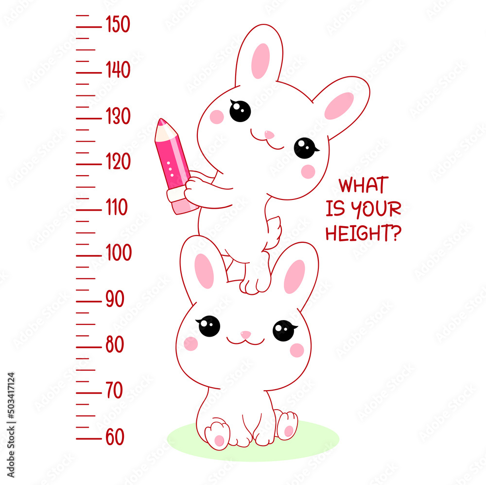 Height chart with kawaii white rabbits. Kids meter with cute little ...