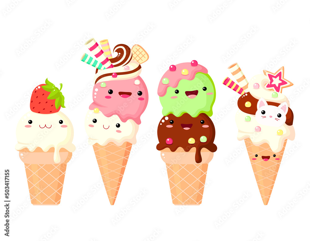 Set of ice cream characters in kawaii style with smiling face and pink cheeks for sweet design. Sundae, gelato in waffle cone. Cute summer food collection. Vector illustration EPS8 Set of ice cream characters in kawaii style with smiling face and pink cheeks for sweet design. Sundae, gelato in waffle cone. Cute summer food collection. Vector illustration EPS8