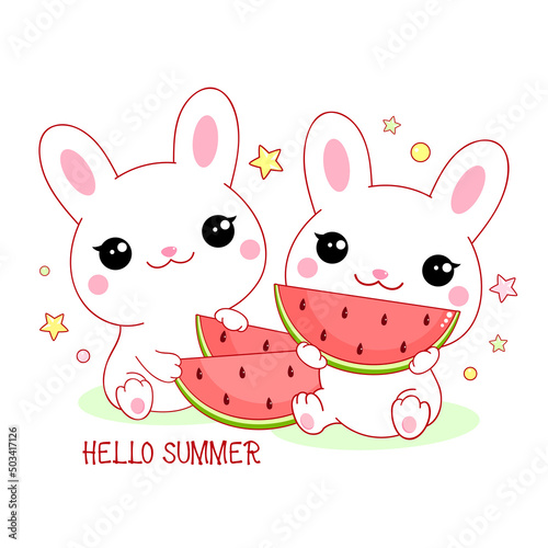 Two cute white bunnies with watermelon. Inscription Hello summer. Kawaii little rabbits are happy to eat watermelon. Happy summer time. Friends have picnic. Vector illustration EPS8