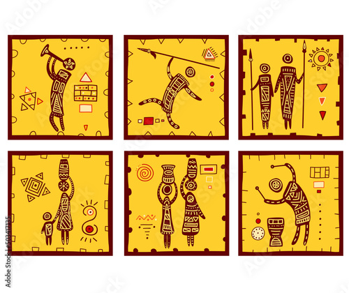 Set of African tribal drawings with hunter, woman with jug, musicians, mother with child. Collection of ethnic ornaments. Vector illustration EPS8