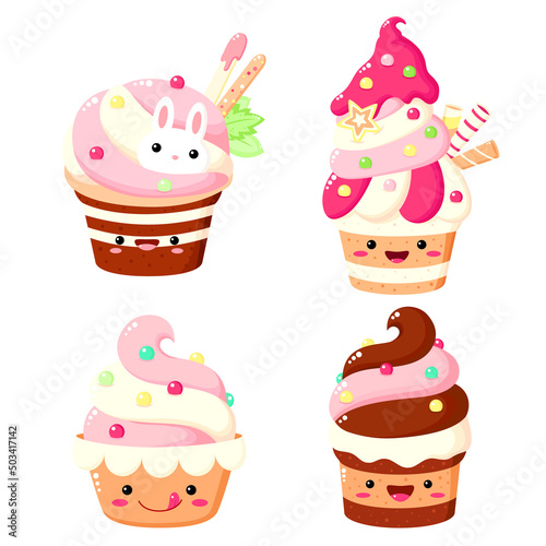 Set of cute cake, muffin, cupcake in kawaii style with smiling face and pink cheeks for sweet design.  Vector illustration EPS8  