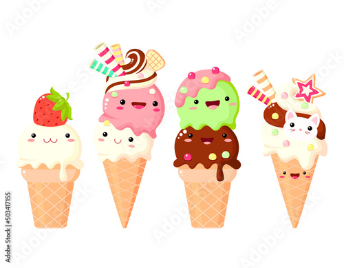 Set of ice cream characters in kawaii style with smiling face and pink cheeks for sweet design. Sundae, gelato in waffle cone. Cute summer food collection. Vector illustration EPS8 