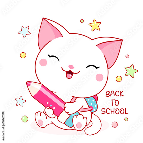 Back to school. Cute little white cat with pencil and backpack. Vector illustration EPS8