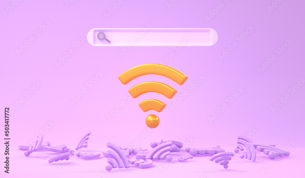 Wifi network search banner. Access point with gold antennas to connect