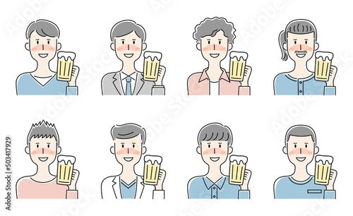 手描き風・ほろ酔い気分でビールを飲む男性のベクターイラストセット
