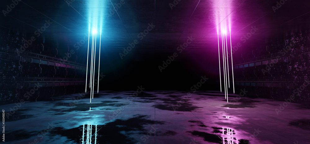 Obraz premium Futuristic neon lights interior. Cyber neon laser tubes in garage room hangar with sci fi glowing blue and pink elements. Dark tunnel warehouse with wet cement floor 3d Rendering