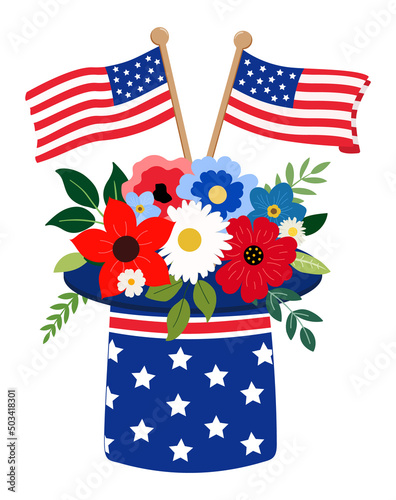 Vector floral arrangement with US national colors flowers, foliage, and flags. Isolated on white background. Great for holiday cards, invitations, and 4th of July banners.