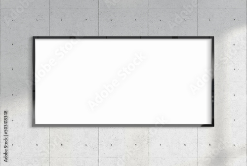 Panoramic billboard hanging on a sunlit wall mockup. Template of a pano frame bathed in sunlight 3D rendering