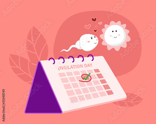 ovulation concept. hand mark ovulation date on calendar with sperm and egg cartoon character. vector illustration photo