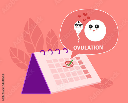 ovulation concept. hand mark ovulation date on calendar with sperm and egg cartoon character. vector illustration