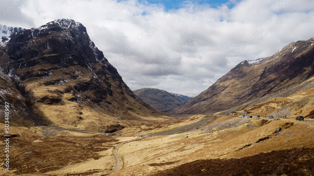 Fototapeta premium Creag Meagaidh mountain and Steall Waterfall in the scottish highlands of Scotland.