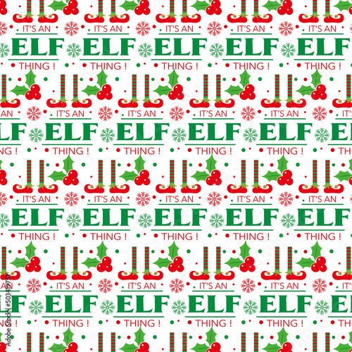 seamless christmas pattern with berry leaf and elf legs