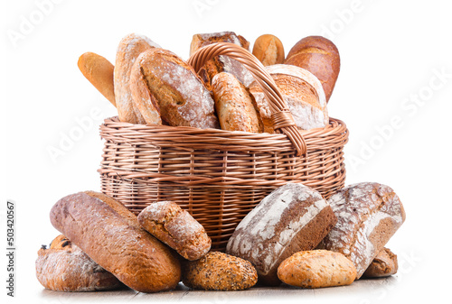 Wicker basket with assorted bakery products