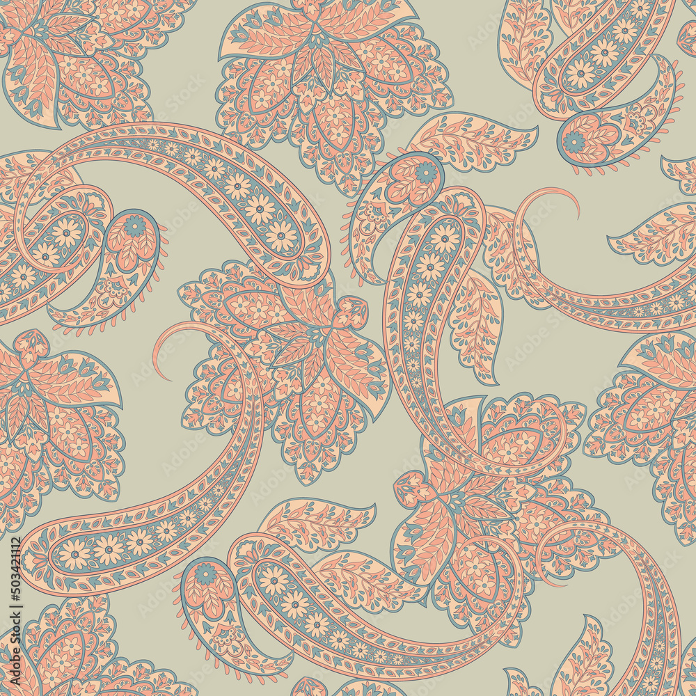 Floral seamless pattern with paisley ornament. Vector illustration in asian textile style Floral seamless pattern with paisley ornament. Vector illustration in asian textile style