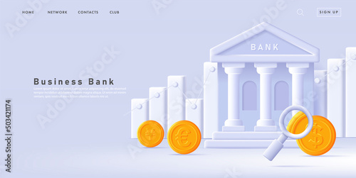 Web banner for bank with bank building institution with bar chart and golden coins and magnifying glass. Vector illustration