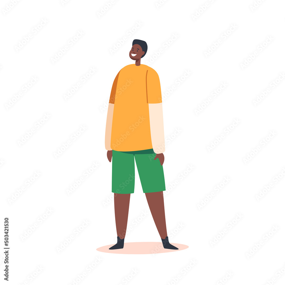 Happy Little African Boy Wear Longsleeve and Shorts Isolated on White Background. Black Child Character Smiling