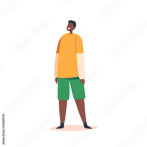 Happy Little African Boy Wear Longsleeve and Shorts Isolated on White Background. Black Child Character Smiling