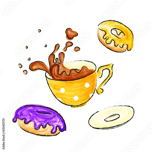 Coffee mug in different colors. Sketch with color marker. Simple vector illustration, rustic. Kids like, childish picture.