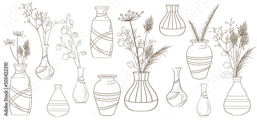 Collection of hand drawn vector vases with bouquet of dried flowers and herbs: hogweed, gypsophila. Vintage herbs and flowers illustrations isolated on white. Use for decoration postcards, wrapping.