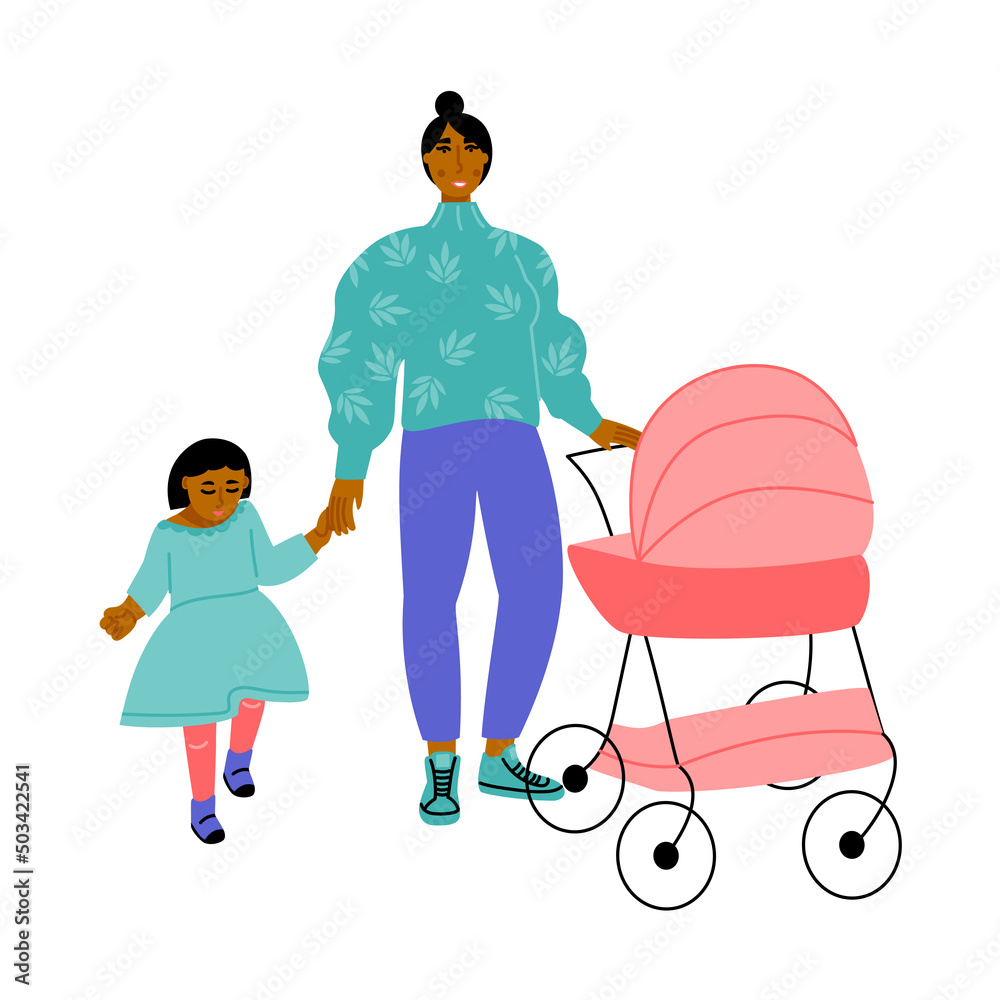 Young mother walking with baby stroller and her daughter. Afro American parent with kids. Happy motherhood. Vector flat illustration Young mother walking with baby stroller and her daughter. Afro American parent with kids. Happy motherhood. Vector flat illustration