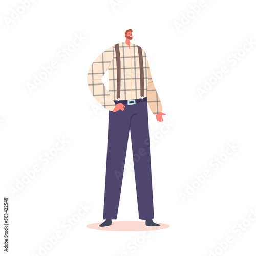 Single Male Character Wear Chequered Shirt and Blue Trousers on Suspenders Isolated on White Background