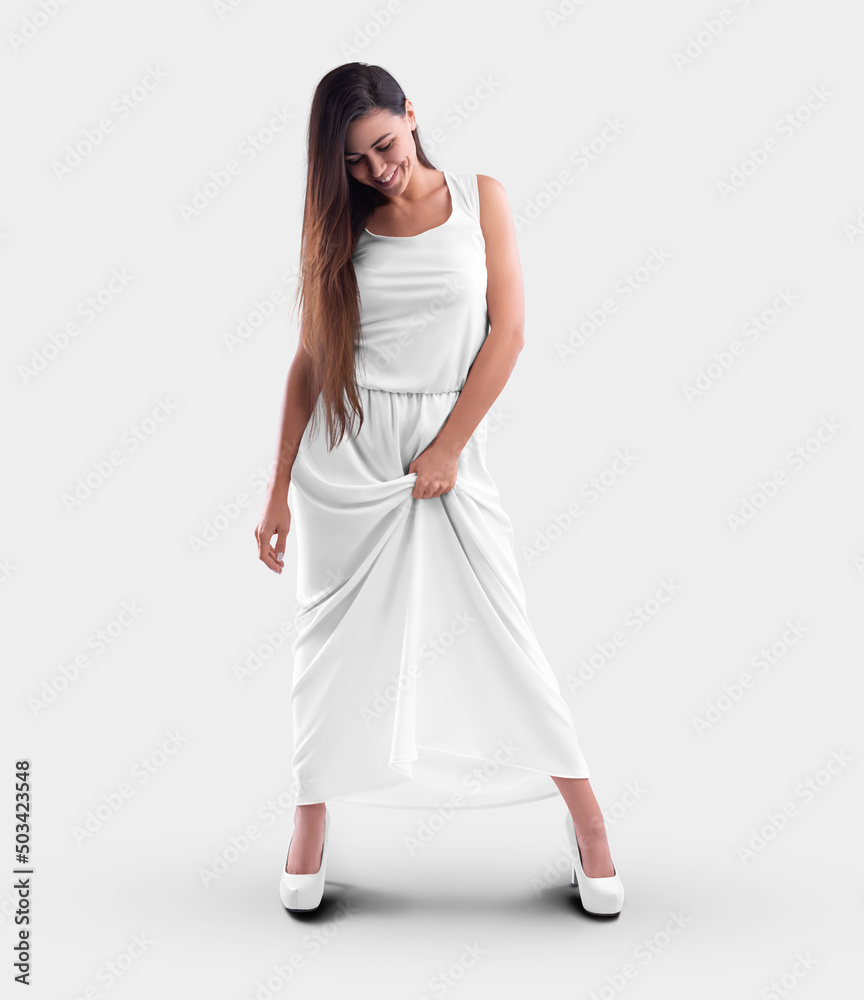 White long dress template on beautiful girl in shoes, stylish sundress isolated on background, front view. White long dress template on beautiful girl in shoes, stylish sundress isolated on background, front view.