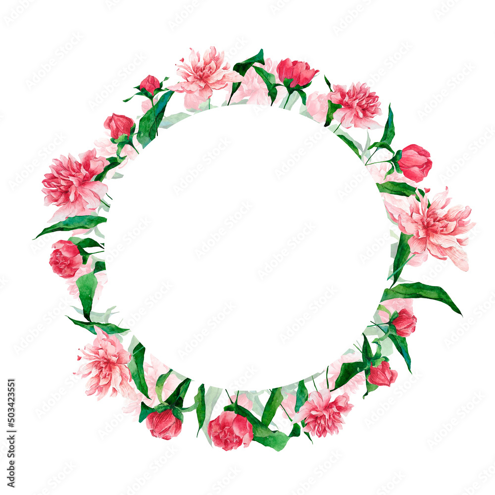 Watercolor floral frame with peonies, buds and leaves isolated on white background. Hand drawn wreath perfect for design wedding greetings, invitations.