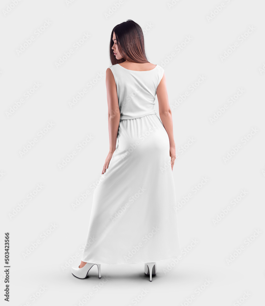 White dress mockup on a dark-haired girl, folds at the waist, long skirt, sleeveless t-shirt, isolated on background, back view.
