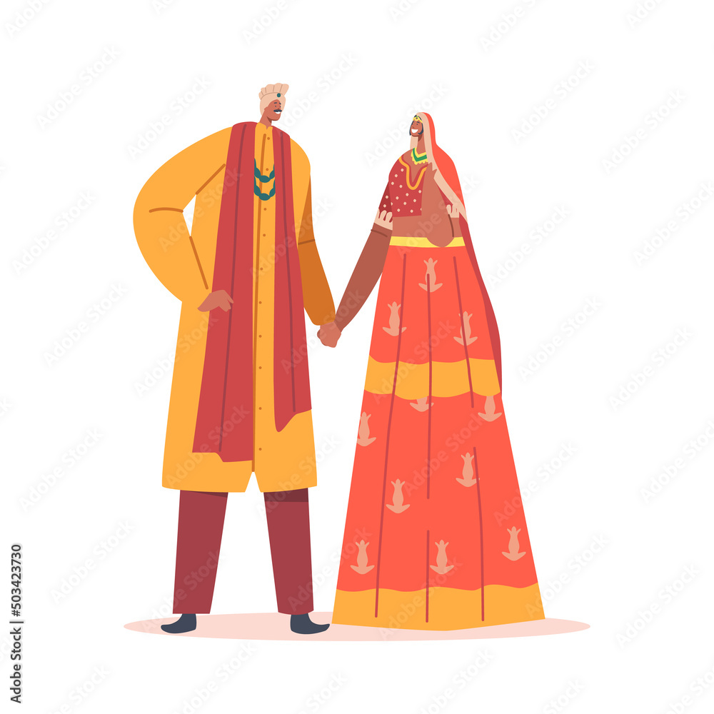 Newlywed Indian Man and Woman Wear Beautiful Gold and Red Festive Dresses Celebrate Wedding Ceremony