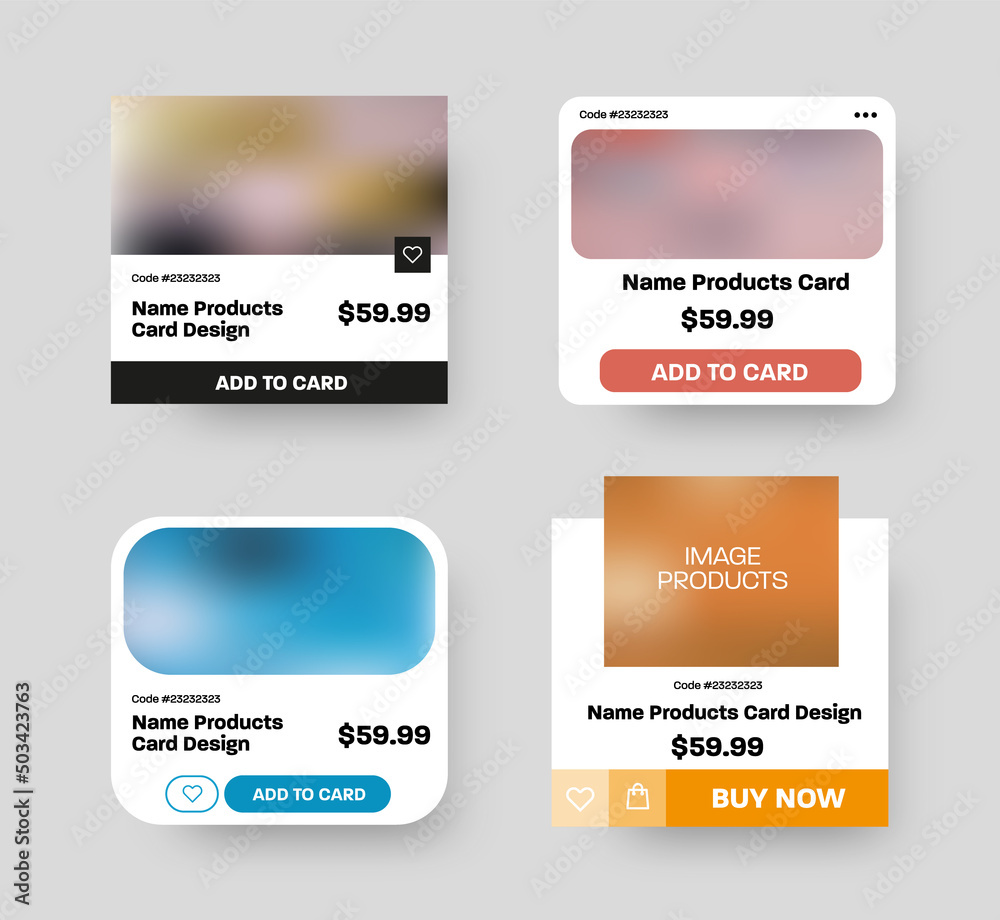 Set of vector square cards user interface of the product, with photo, price, for online stores, mobile applications. Set of vector square cards user interface of the product, with photo, price, for online stores, mobile applications.