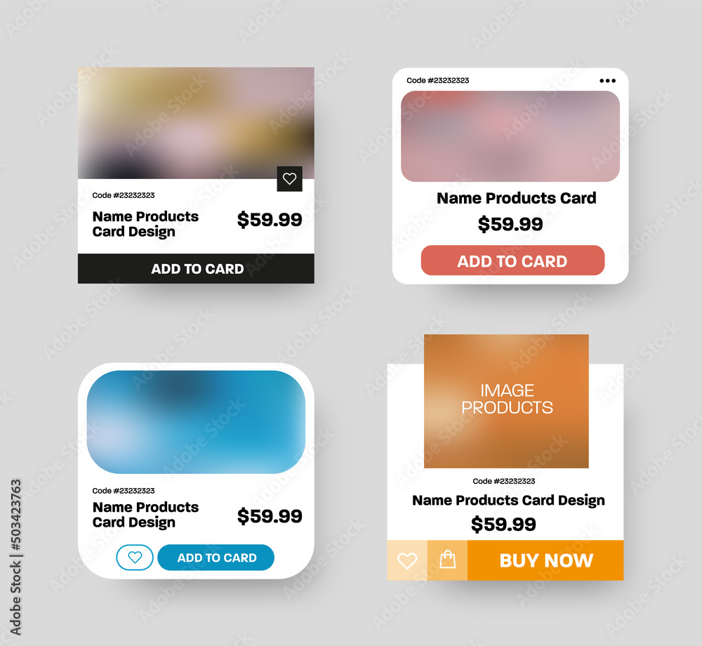 Set of vector square cards user interface of the product, with photo, price, for online stores, mobile applications.
