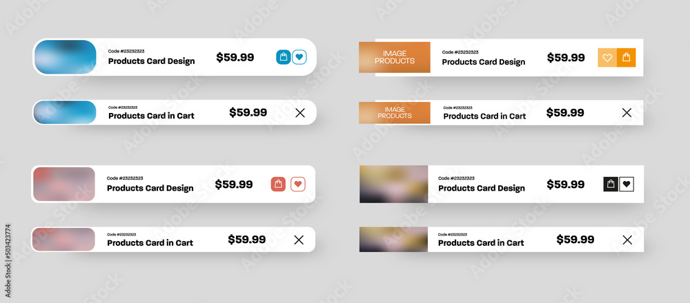 Set of vector rectangular product user interface cards, cart page with favorites, delete, buy buttons, for store mobile app. Set of vector rectangular product user interface cards, cart page with favorites, delete, buy buttons, for store mobile app.
