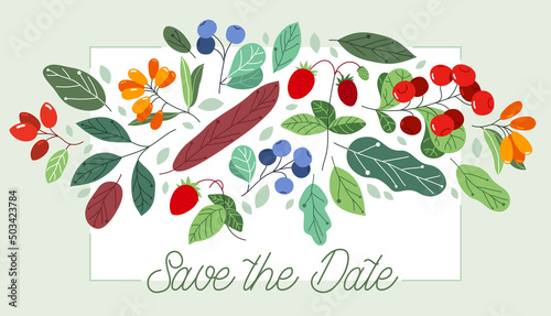 Greeting card with ripe wild berries and fresh green leaves vector flat drawing, floral design composition diet natural food mockup, invitation or anniversary theme, congratulations.