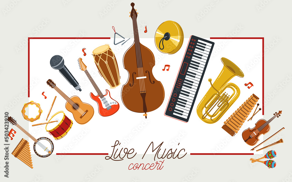 Fototapeta premium Music orchestra diverse instruments vector flat poster, live sound concert or festival, musical band or orchestra playing and singing songs advertising flyer or banner.
