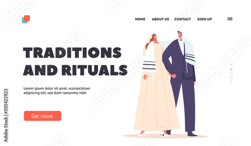 Traditions and Rituals Landing Page Template. Jewish Couple Wedding Ceremony, Contemporary Jew Groom and Bride © Sergii Pavlovskyi