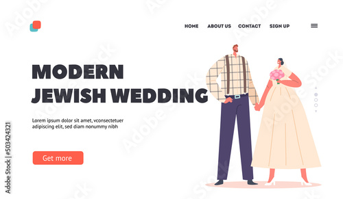 Modern Jewish Couple Marriage Celebration Landing Page Template. Happy Bearded Groom and Bride Characters Wedding