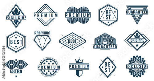Premium best quality vector emblems set, black and white badges and logos collection for different products and business, classic graphic design elements, insignias and awards.