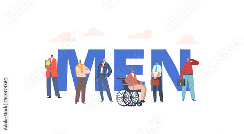 Men Concept. Diverse Group of Business People, Male Characters Team, Disabled or Healthy Entrepreneurs or Office Workers