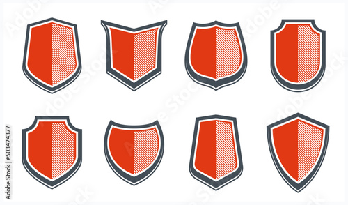 Classic shields vector set, ammo emblems collection, defense and safety icons, empty and blank design elements.