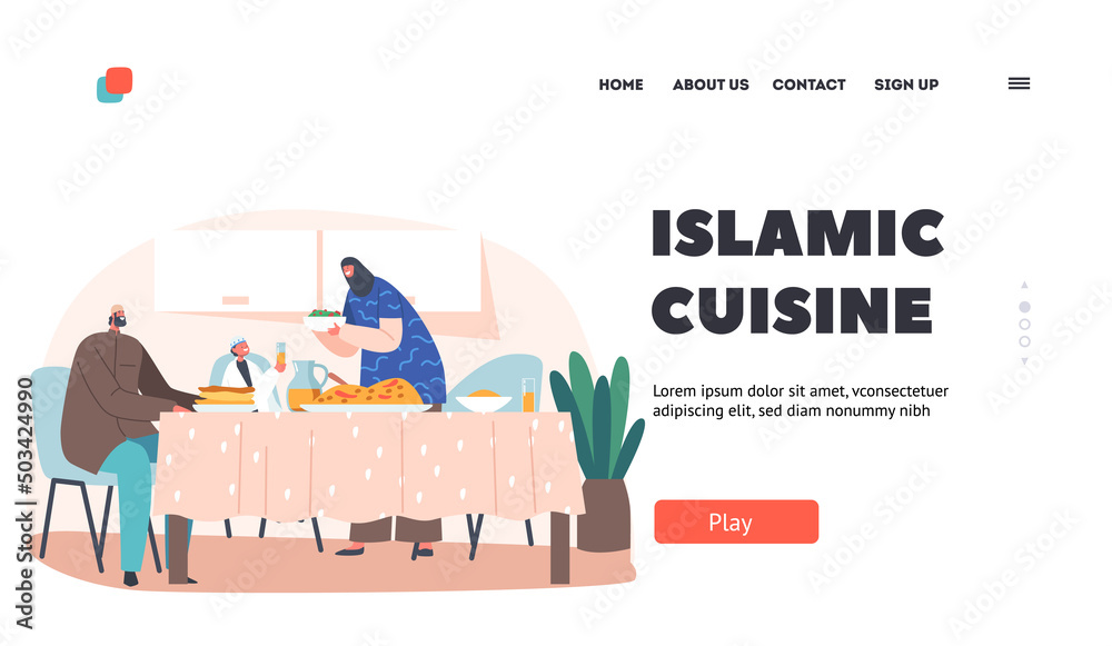 Islamic Cuisine Landing Page Template. Traditional Arab Family Dinner, Mother, Father and Son Characters Eating Ifthar