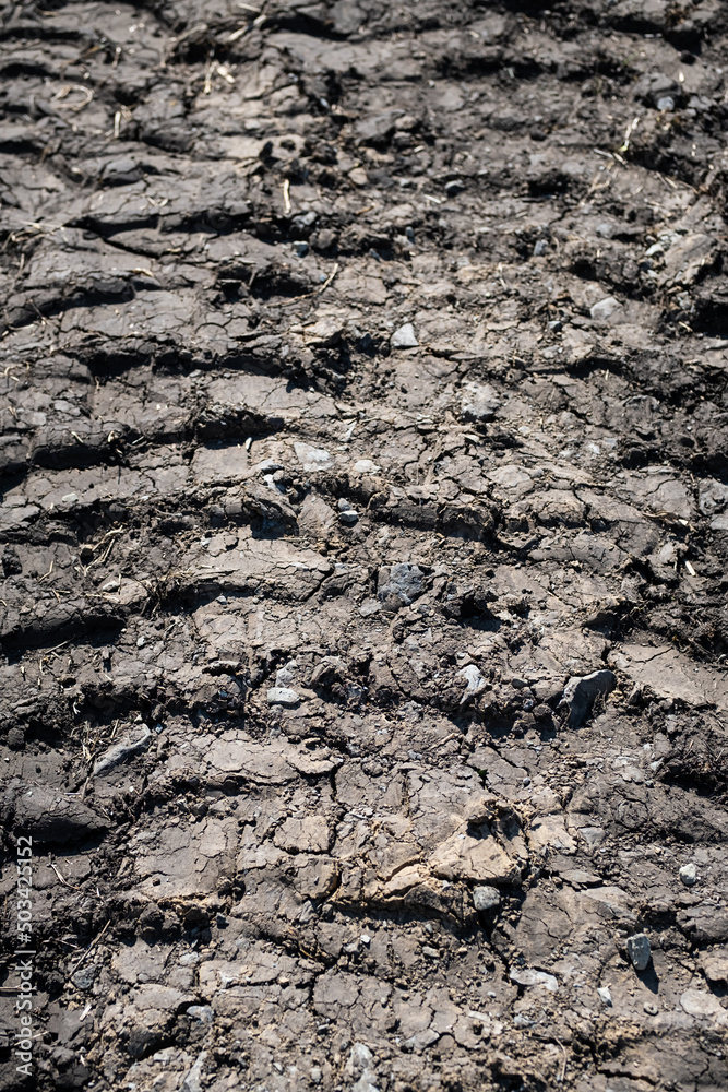 Tire tracks protector on dirt. Wheel's trail tread, close up. Tire tracks protector on dirt. Wheel's trail tread, close up.
