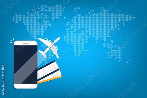 Booking online tickets .Buy or check in. Vector Illustration of online ticket, tourism and travel, vacation and journey by plane.	