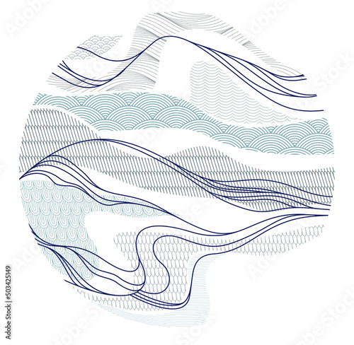 Oriental Japanese style vector abstract illustration in a shape of circle, background in Asian traditional style, wavy shapes and mountains terrain, runny like sea lines.