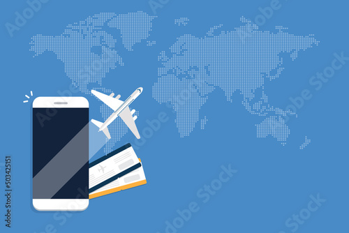 Booking online tickets .Buy or check in. Vector Illustration of online ticket, tourism and travel, vacation and journey by plane.	