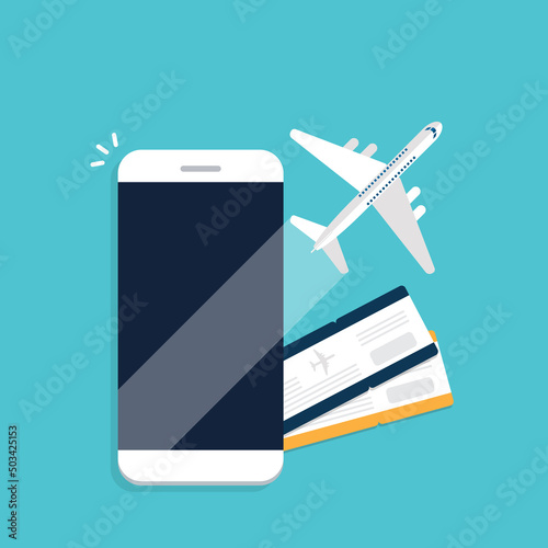 Booking online tickets .Buy or check in. Vector Illustration of online ticket, tourism and travel, vacation and journey by plane.	