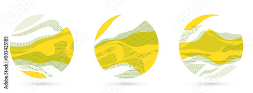 Nature art oriental Japanese style vector abstract backgrounds set in yellow color in a shape of circle, runny like water shapes and lines with textures.