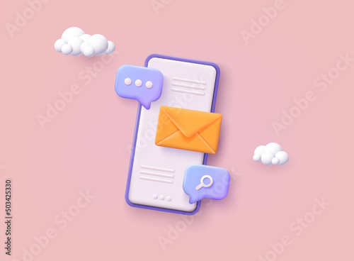 Mobile smart phone with mail app. Mail service concept. Sign up to mailing list. 3D Web Vector Illustrations.