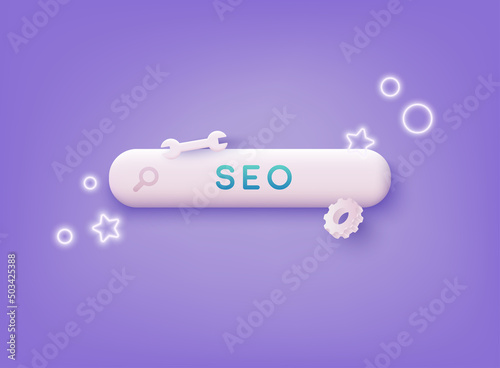 Search Engine Optimization ( SEO ) for internet marketing. Data analytics, dashboard and business finance report. 3D Web Vector Illustrations.
