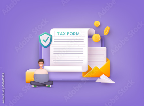 Online Tax payment. Filling tax form. Calendar show Tax Payment Date. Accounting and Financial Management Concept. 3D Web Vector Illustrations.